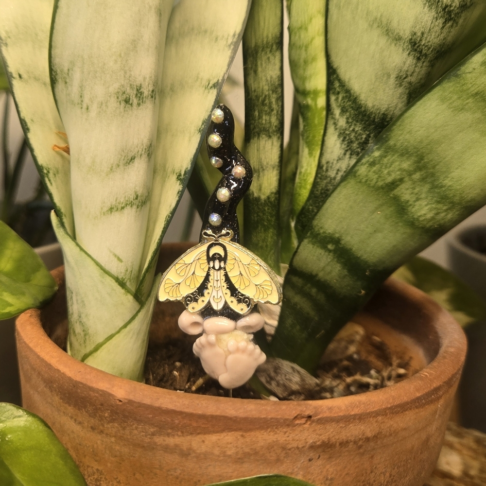 Elegant Black, Yellow, Gold Moth Gnome Plant Stake
